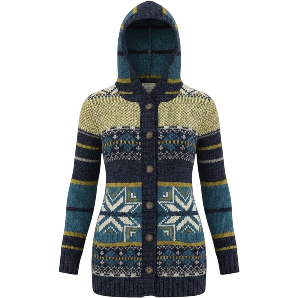 S Royal Robbins Hooded Nordic Cardigan Sweater Blue Fair Isle Knit wool blend